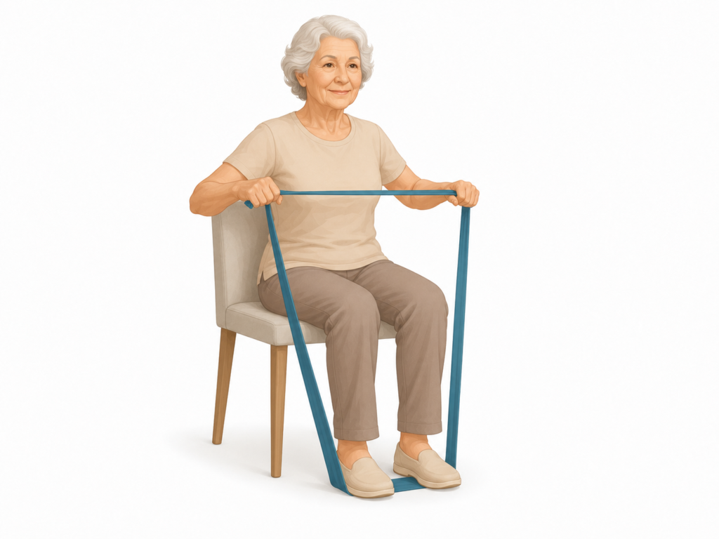 Idosa fazendo exercício de fisioterapia com banda elástica sentada.