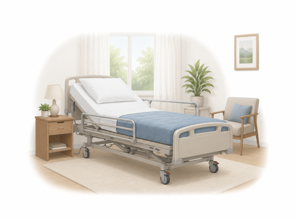 Cama hospitalar em quarto residencial adaptado.